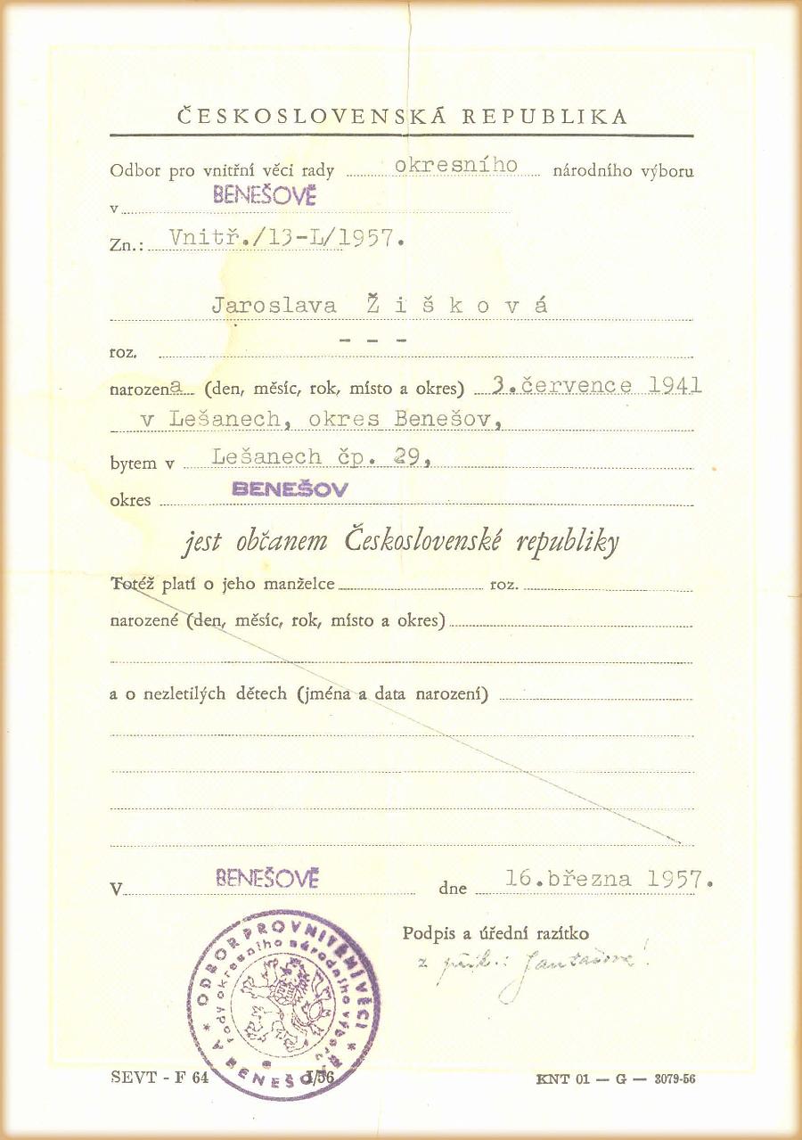 Potvrzení o občanství ČR_Jaroslava Žižková - 16.3.1957